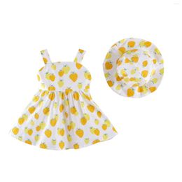 Girl Dresses 0-3 Years Toddler Baby Kids Girls Cap Summer Lemon Strawberry Print Princess Suspender Dress Hats 2pcs Born Outfits