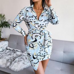 Women's Blouses Autumn Irregular Printed Shirt Dress Casual Long Sleeve Turndown Collar V Neck Outwear Elegant Vocation Strap Tops