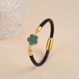 Link Bracelets Simple Five-Leaf Flower Leather Braided Bracelet Natural Stones Clover Stainless Steel Bangle For Women Party Daily Wear