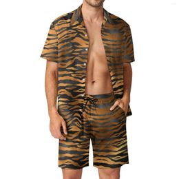 Men's Tracksuits Tiger Print Stripes Men Sets Glam Black And Gold Casual Shirt Set Funny Vacation Shorts Design Suit 2 Piece Clothing Plus