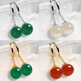 Temperament plated silver earrings female chalcedony green agate earrings pearl earrings new emerald long drop earrings anti-gem earrings