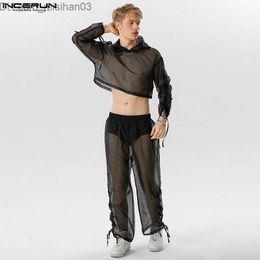 Men's Pants 2023 Men's mesh transparent street clothing lace pleated hooded long sleeved crop top and pants 2PCS solid men's 5XL INCERUN Z230801