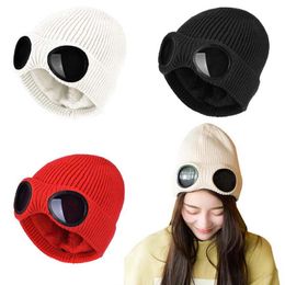 Winter Warm Knit Hats New Fashion Unisex Adult Windproof Ski Caps with Removable Glasses Thicken Outdoor Ski Cap