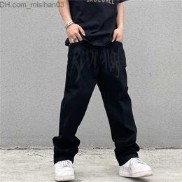 Men's Pants Y2K black bagged jeans men's new street clothing American retro printed letter pants straight hip-hop loose denim shorts Z230801