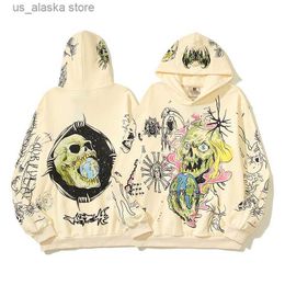 Erkek Hoodies Sweatshirts 2023 Sonbahar Kış Kayıtlı Graffiti Kafatasları Baskı Vintage kapüşonlu Erkek Kadınlar Yüksek Sokak Büyük Boy Terry Kazak Y2K T230819