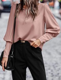 Women's Blouses Fashion Woman Blouse 2023 Autumn Casual Round Neck Gigot Sleeve Button Ruched Top Basic Commuter Versatile Elegant