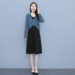 Work Dresses Women's Summer 2-Piece Set: Long Sleeve Twist Knot Top & Knee-Length Slip Dress Twinset Blue Khaki Gray With Black Set