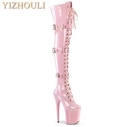 Boots Pink 12-23cm high heels buckle size adjustment round head dancer fashion sexy runway performance to thigh boots 230801