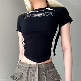 Women's T Shirts Y2K Punk Fashion Women T-shirt Slim Fit Letter Print Biker Crop Top Harajuku Korean Casual Tee Tops Goth Streetwear 2023