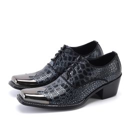 Christia Bella Genuine Leather Men Oxford Shoes Metal Square Toe Print Party Dress Shoes Male Lace Up Business Brogue Shoes