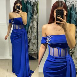 Elegant Royal Blue Evening Dresses Strapless Beads Pleats Party Prom Dress Illusion Bone Bodice Long Dress for special occasion