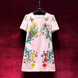 2023 Summer Pink Floral Print Dress Short Sleeve Round Neck Knee-Length Casual Dresses A3Q122153