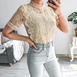 Women's Blouses Summer Women Crochet Lace Short Sleeve Top Or Ladies Solid Color O Neck All Match Chic