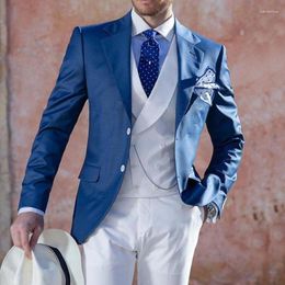 Men's Suits Blue Blazers With White Vest And Trousers Slim Fitted 3 Pieces Wedding Dresses Groom Formal Clothing Evening Party Prom