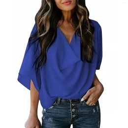 Women's Blouses Casual Solid Colour Draped V Neck Bell Sleeve Loose Shirt Top Size 3