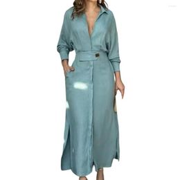 Casual Dresses Thin Party Dress Pockets Office Elegant Loose Shirt Fashion Slit Hem Solid Women Workwear