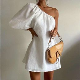 Título do item Primavera roupas femininas moda solta magro ombro inclinado vestido de algodão e linho