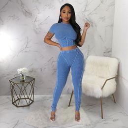 Women's Two Piece Pants Knit Ribbed Set Tunic Waist Tops And Legging Summer 2 Outfit Tracksuit