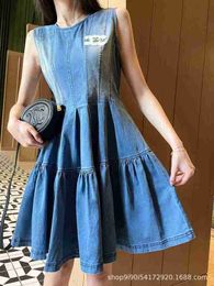 Basic & Casual Dresses designer Summer New Denim Blue Fluffy Skirt with Korean Girls' Style Bleaching Washing Process, Waist Wrapped, Hem Pressed, Pleated C3MA