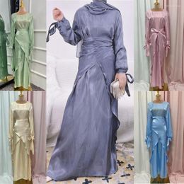 Ethnic Clothing 2 Piece Ramadan Eid Mubarak Satin Dress Under Abaya Inner Robe With Wrap Tie Skirt Islam Dubai Turk Women Muslim Outfit