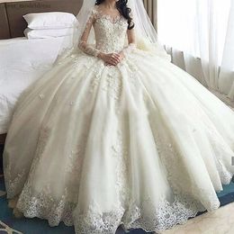 Long Sleeve Lace Ball Gown Wedding Dresses 2022 Luxury Ball Gown Appliques Court Train Illusion Back Vestido de noiva Robe De Mari1692