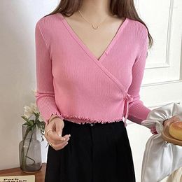 Women's Sweaters Spring Autumn Thin Sweater Women Korean Style Fashion Bandage Long Sleeve Knitted V-Neck Pullover Crop Top Pull Femme