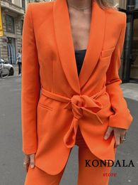 Women's Two Piece Pants KONDALA Vintage Solid Orange Office Lady Fashion 2023 Spring Women Suits Slim Belt Elegant Blazer Zip Wide Leg Long