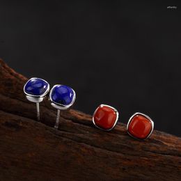 Hoop Earrings Retro Square Natural South Red Agate Lapis Lazuli Simple MeibaPJ S925 Sterling Silver Boutique Jewellery
