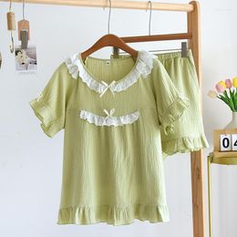 Women's Sleepwear 2023 Summer Pajama Set Cotton Crepe Short Sleeve Shorts Two Piece Ladies Solid Color Relaxed Homewear