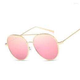 Sunglasses High Quality Metal Frame Oval Men Or Women Shades Pink Mirror Flat Top Bar Sun Glasses Female