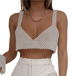 Women's Tanks Elegant Chic Women Camisole Pearl Sexy Fishnet Sleeveless Hollow Out Beach Holiday Cover-ups Sweet Girls Clubwear