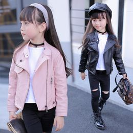 Jackets Spring Autumn Kids Short Coat PU Leather Zipper Jacket For Girls 3-12Yrs Fashion Red Black Pink Children Clothing XMP35 230801