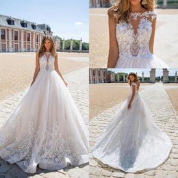 A-Line Wedding Dresses Sheer Dresses Sexy Backless Illusion Sequins Appliques Cap Sleeves Sweep Train Bridal Gowns Custom Made262k