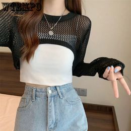 Women's Sweaters Hollow Thin Longsleeved Shirt Summer and Autumn Round Neck Short Knitted Blouse Drop Wholesale 230731