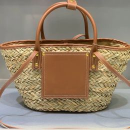 2024 Vegetable Basket Straw Bag Large Capacity Bags Summer Beach Shoulder Bag Women Crossbody Handbag Lafite Grass Weaving Cowhide Edging Travel Purse