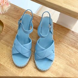 Luxury Designer Leather Wedge Sandals with 80mm braided heel sandals, Slip-On Platform, Open Toe, and Cross Design - Women's Factory Footwear in Sizes 35-41