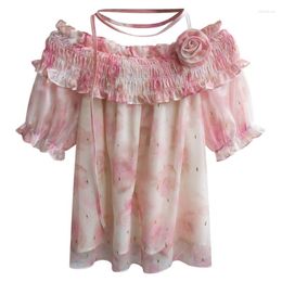 Women's Blouses Summer Sweet Off Shoulder Flower Chiffon Bouse Women French Short Sleeve Tops Ladies Elegant Sexy Pleat Casual Loose Shirt