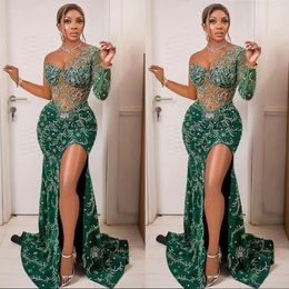 Sparkly Green Mermaid Prom Dresses Arabic Sheer Neck One Shoulder Beads Party Wear Long Sleeve Plus Size Formal Evening Gowns