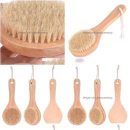 Bath Brushes Sponges Scrubbers Dry Skin Body Brush With Short Wooden Handle Boar Bristles Shower Scrubber Exfoliating Masr Drop D Dhldw