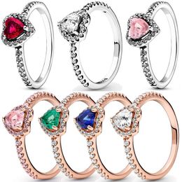 Wedding Rings 925 Sterling Silver Ring Elevated Red Heart With Colorful Crystal For Women Valentines Birthday Gift DIY Jewelry 230801