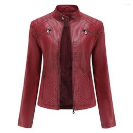 Women's Leather Casual Coat Stand Neck Jacket Slim Fit Autumn Solid Pu Punk Motorcycle Wear