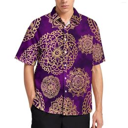 Men's Casual Shirts Purple And Gold Mandala Beach Shirt Vintage Print Summer Male Stylish Blouses Short Sleeves Graphic Clothing 4XL