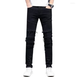 Men's Jeans Ripped Black Stretch Slim Skinny Fit Pleated Designer Distressed Hip Hop Frayed Moto&Biker Boys Denim Pants