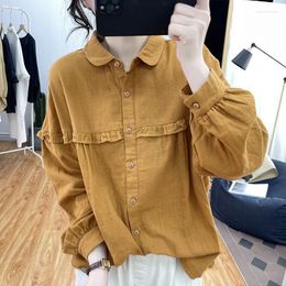 Women's Blouses Fashion Solid Color Spliced Loose Folds Ruffles Shirt Female Clothing 2023 Autumn Casual Tops Lantern Sleeve Commute Blouse