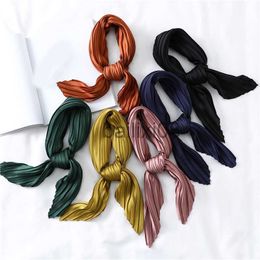 Scarves Silk Pleated Scarf Solid Colour Satin Neckerchief Soft Small Scarves Square Scarf Decorative Headscarf Crinkled Hair Scarf J230801