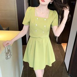 Two Piece Dress Summer Women Set Vintage Short Sleeve Double Breasted Cropped Coats Top & Pleated Mini Skirt Suit Elegant Lady Outfits