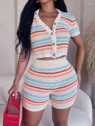 Women's Blouses Colourful Striped Single Breasted Shirt Sets Knitted Crochet Hollow Out Top&shorts Suit Women Fashion Casual High Street
