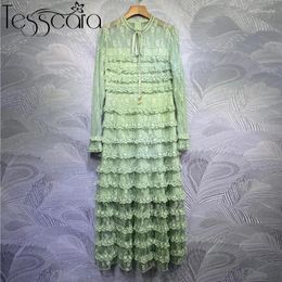 Casual Dresses TESSCARA Women Luxury Lace Dress Festa Female High Quality Long Wedding Party Robe Femme Runway Mesh Designer Green Vestidos