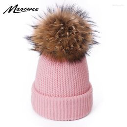 Berets Fashion Warm Beanies Hats For Women Real Raccoon Fur Bonnet Casual Female Solid Colour Adult Hedging Cap Cover Crochet Slouch Hat