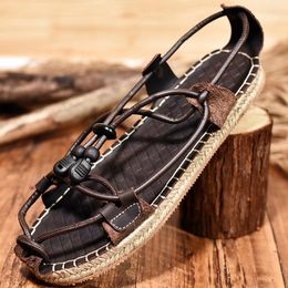 Sandals 2023 Summer Men Breathable Comforable Roman Cross-Strap Straw Woven Shoes Low Top Lightweight Walking